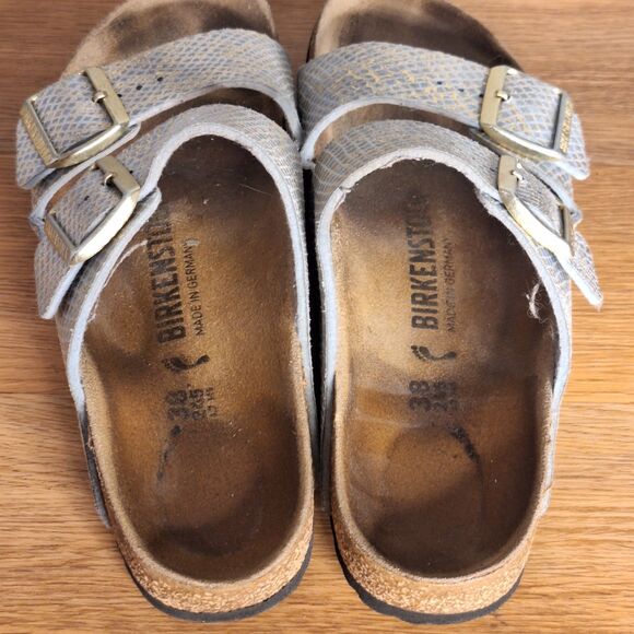 Birkenstock Arizona Women’s 7 EU 38 Narrow Shiny Python Blue Gold Slide Sandals - Picture 9 of 10